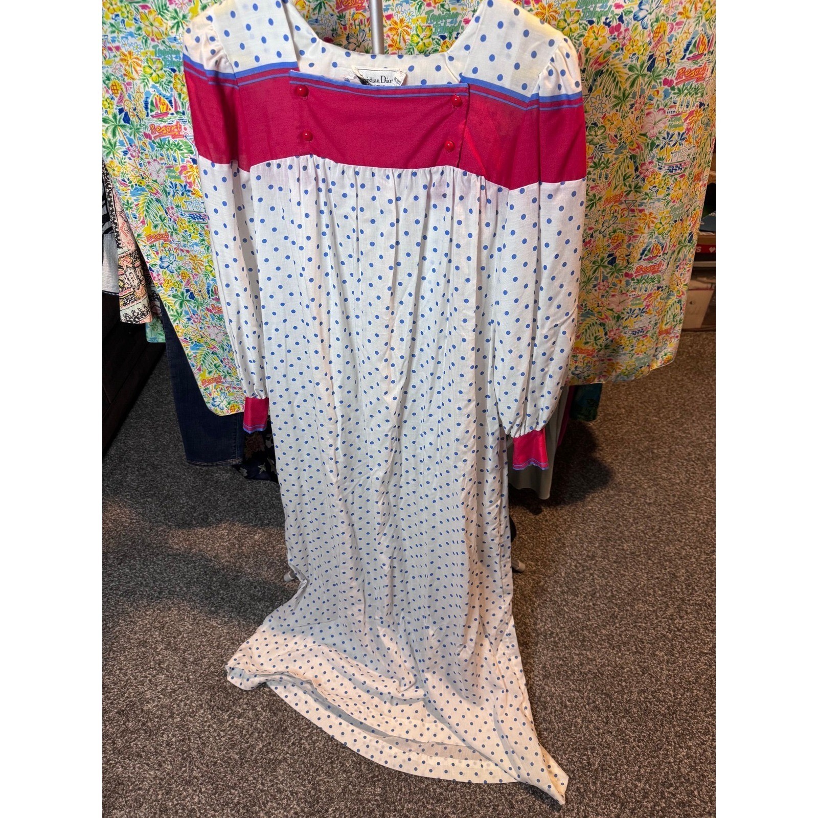 136 Christian Dior Vintage Polka Dot Maxi Nightgown Blue Pink White Pockets