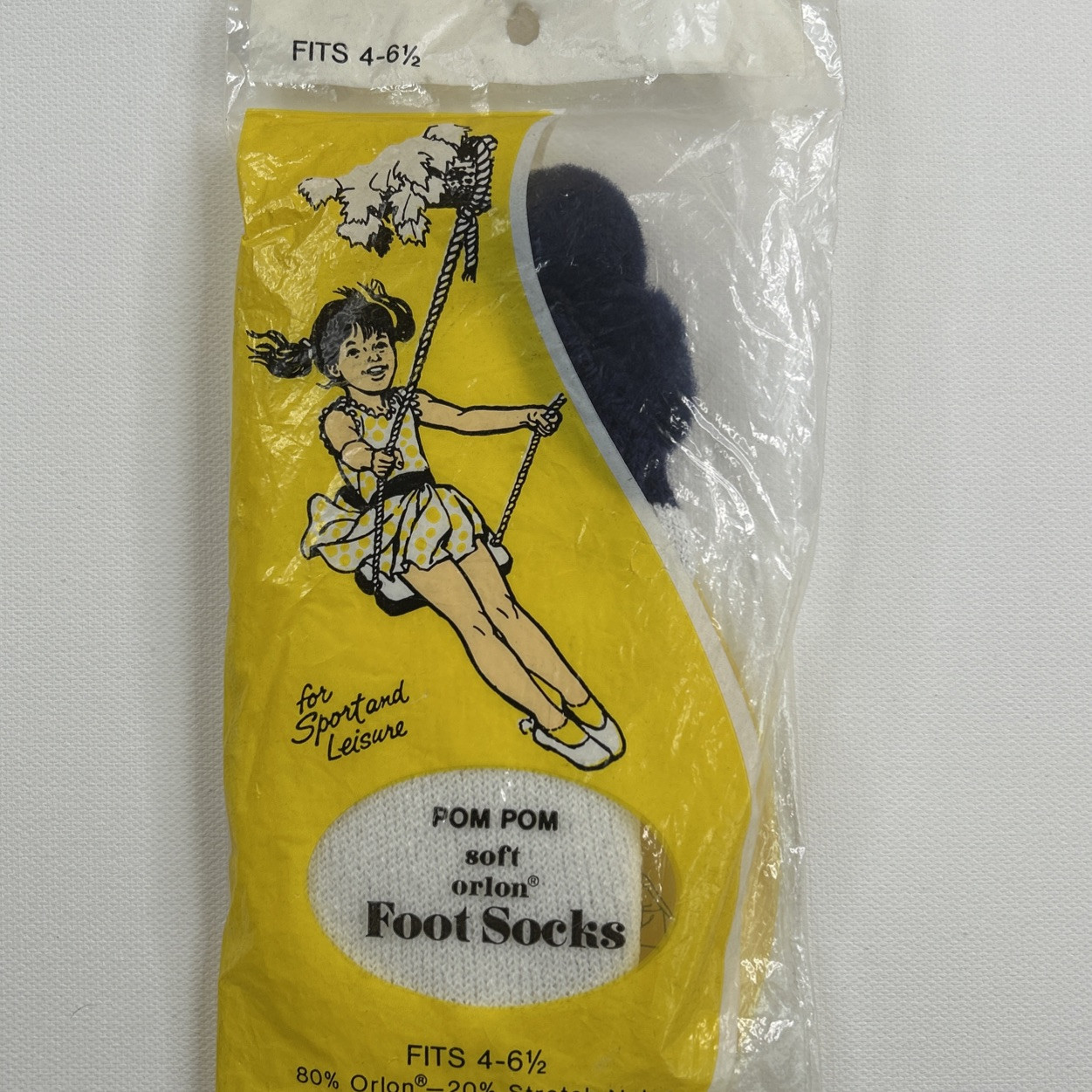 VTG Pom Pom Socks White Navy Size 4-6.5 Girls Orlon 70s NOS Low Cut Ankle USA