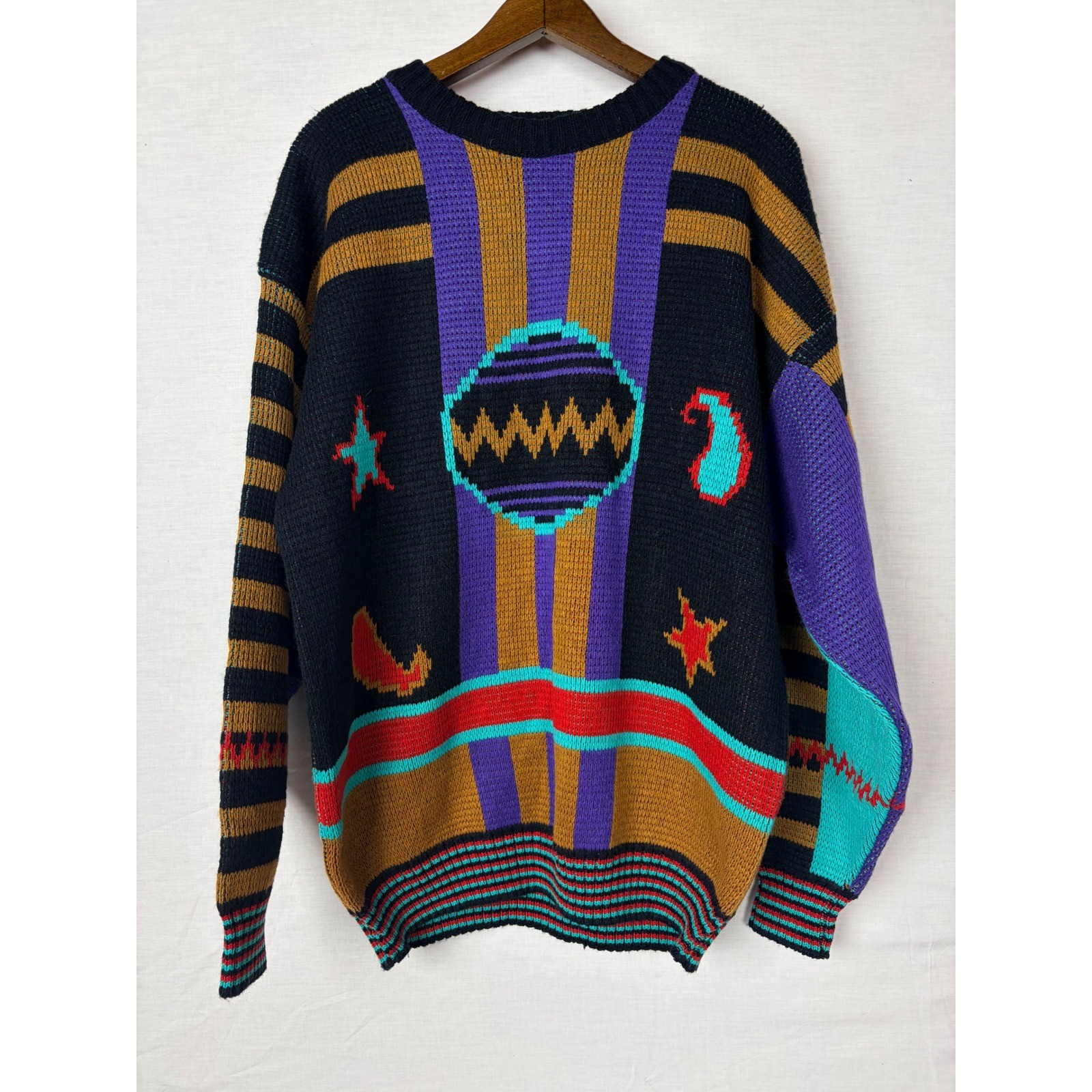 Zeppelin Vintage 90s Abstract Geometric Womens Knit Sweater XL Black Multi