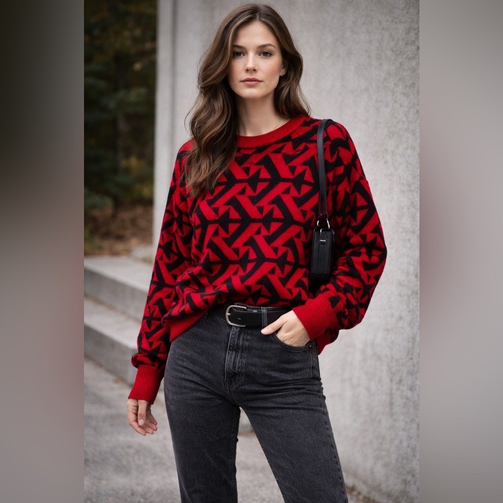Vintage 80s 90s Red Black Geometric Knit Sweater Oversized Crewneck Unisex