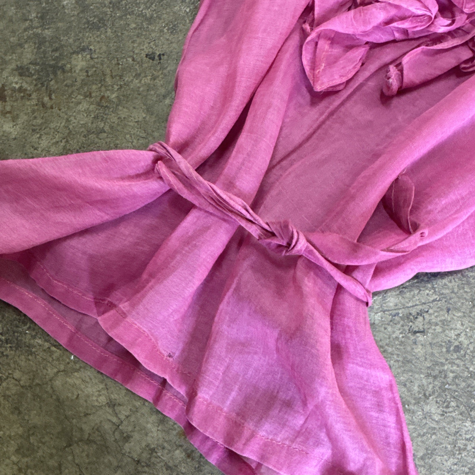 Vintage 1930s Pink Linen Blouse Ruffles Tie Belt Short Puff Sleeves Dress Top