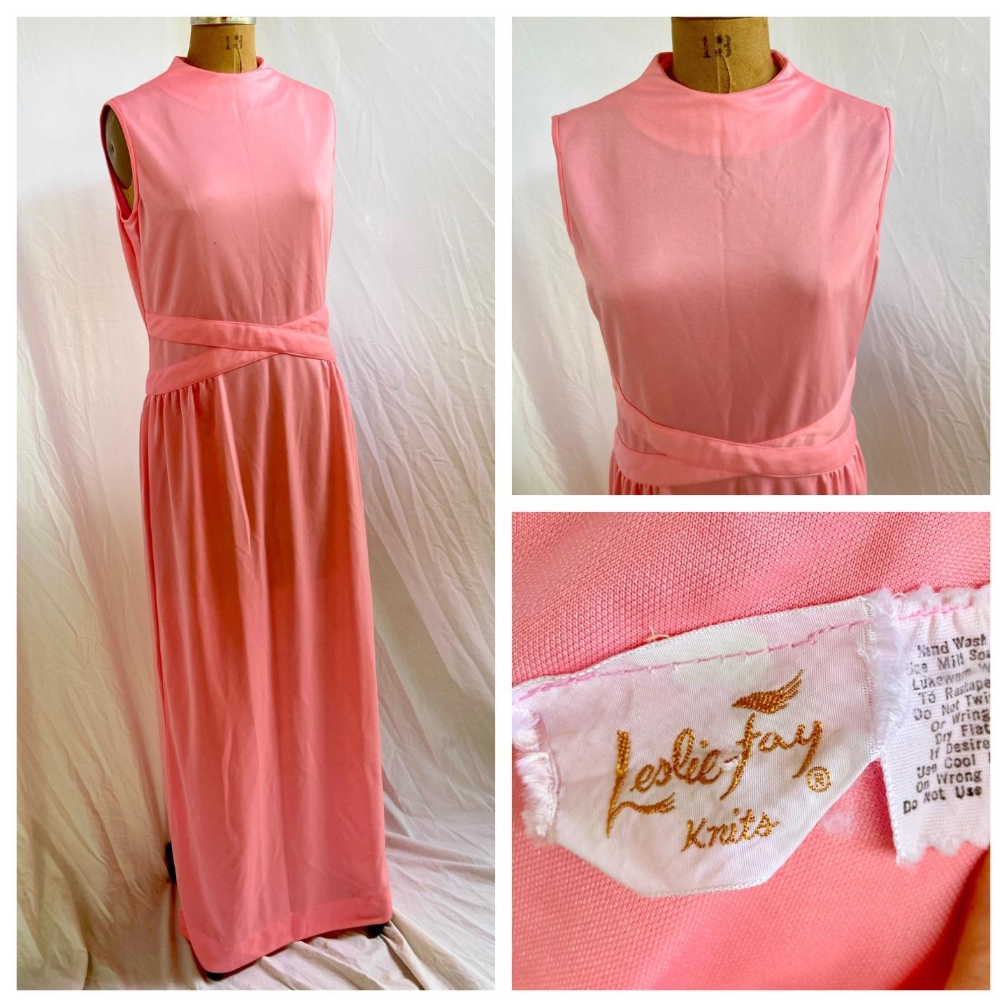 Vintage 60s LESLIE FAY Knits Pink Minimalist Mod Column Maxi Dress Hippie Boho M