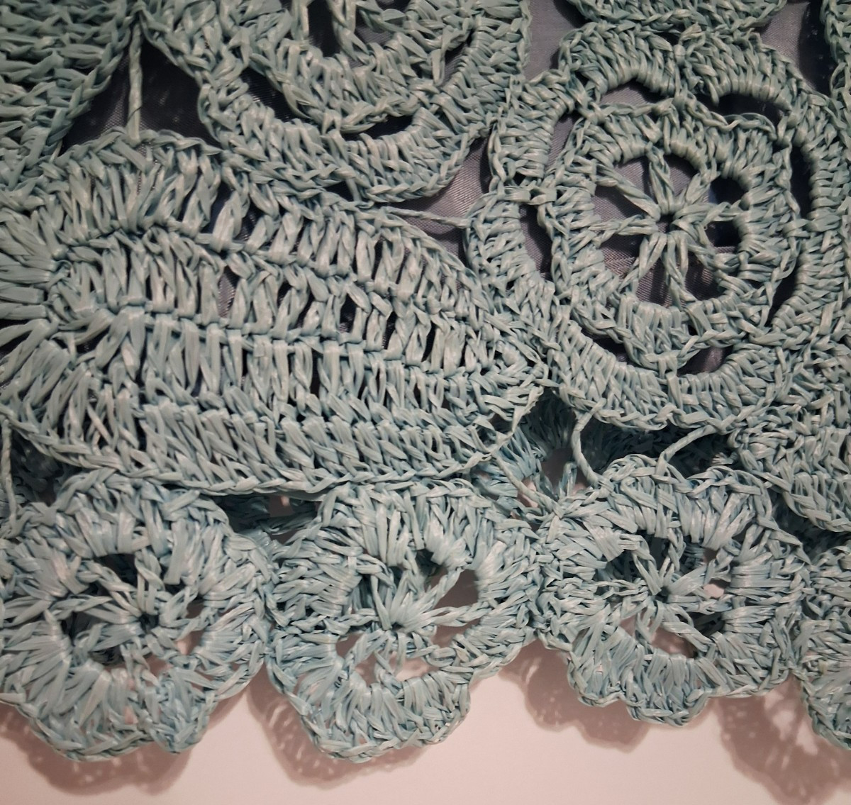 VTG 70s Handmade Crochet Floral Skirt Small 27w Blue 3D Open Knit Hippie Granny