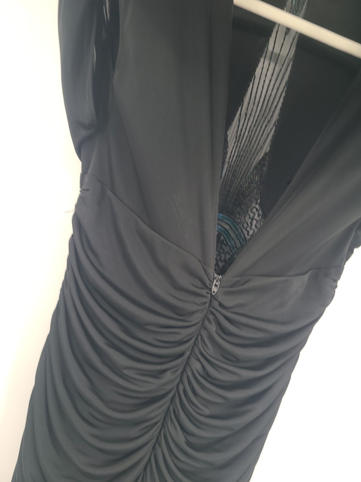 Vintage Eletra Casadei Black Curtain Draped Evening Gown Beaded, Sheer Bodice 10