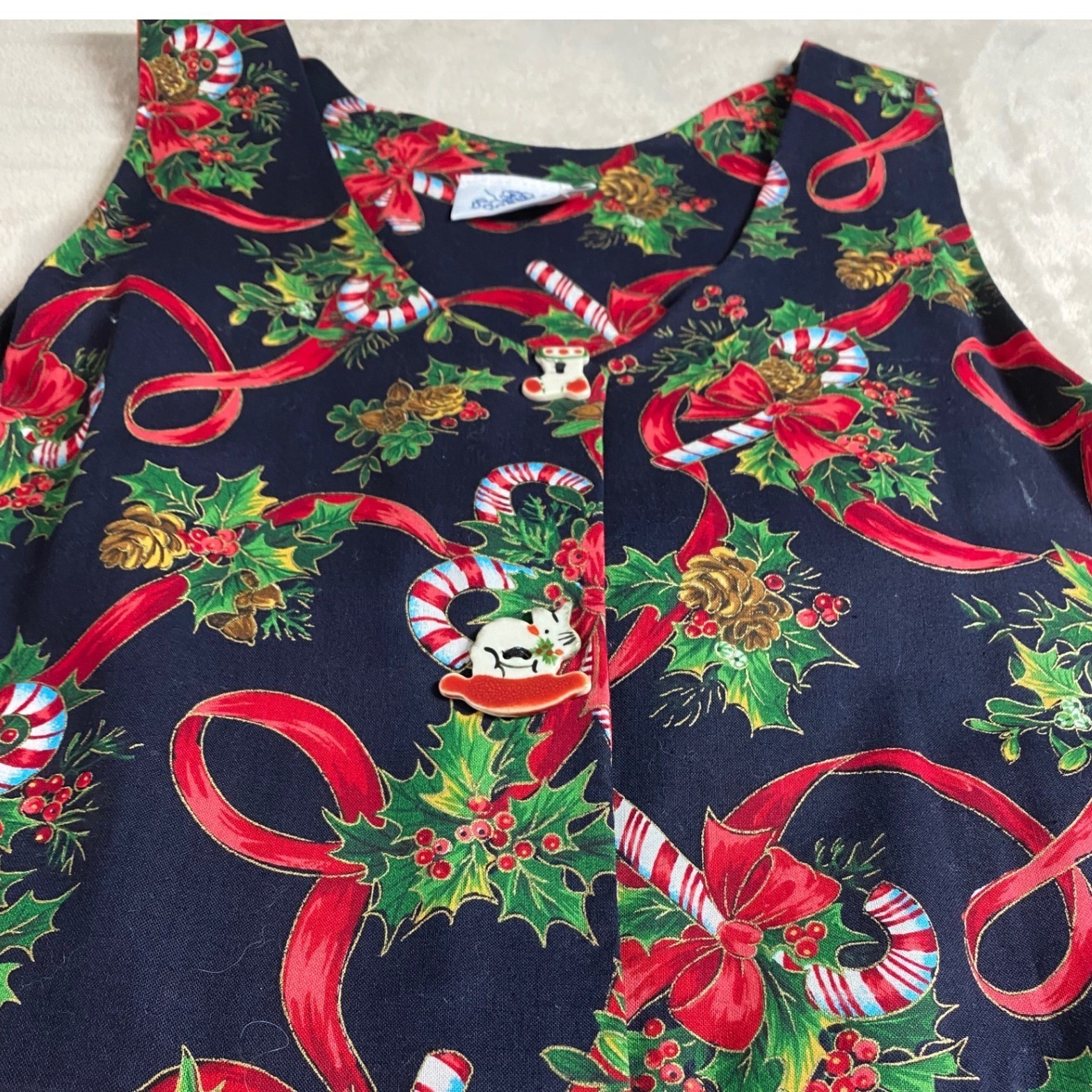 Vintage Dogwood Lane Christmas Dress Womens Medium Navy Blue Novelty Button Midi