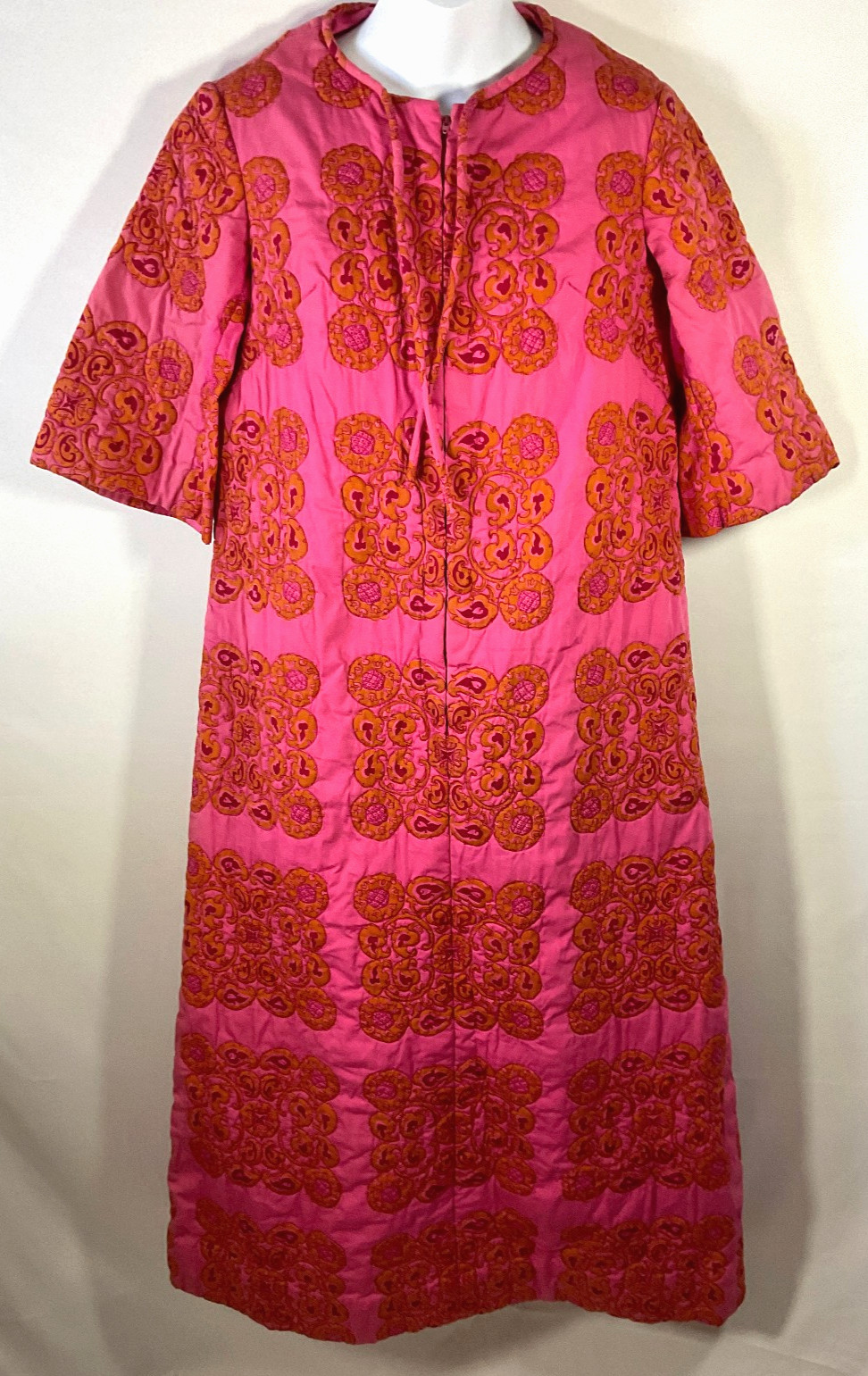 vtg 60s Quilted 1/2 Zip House Coat Robe 3/4 Sleeve Pink Orange Design Thai sz 10