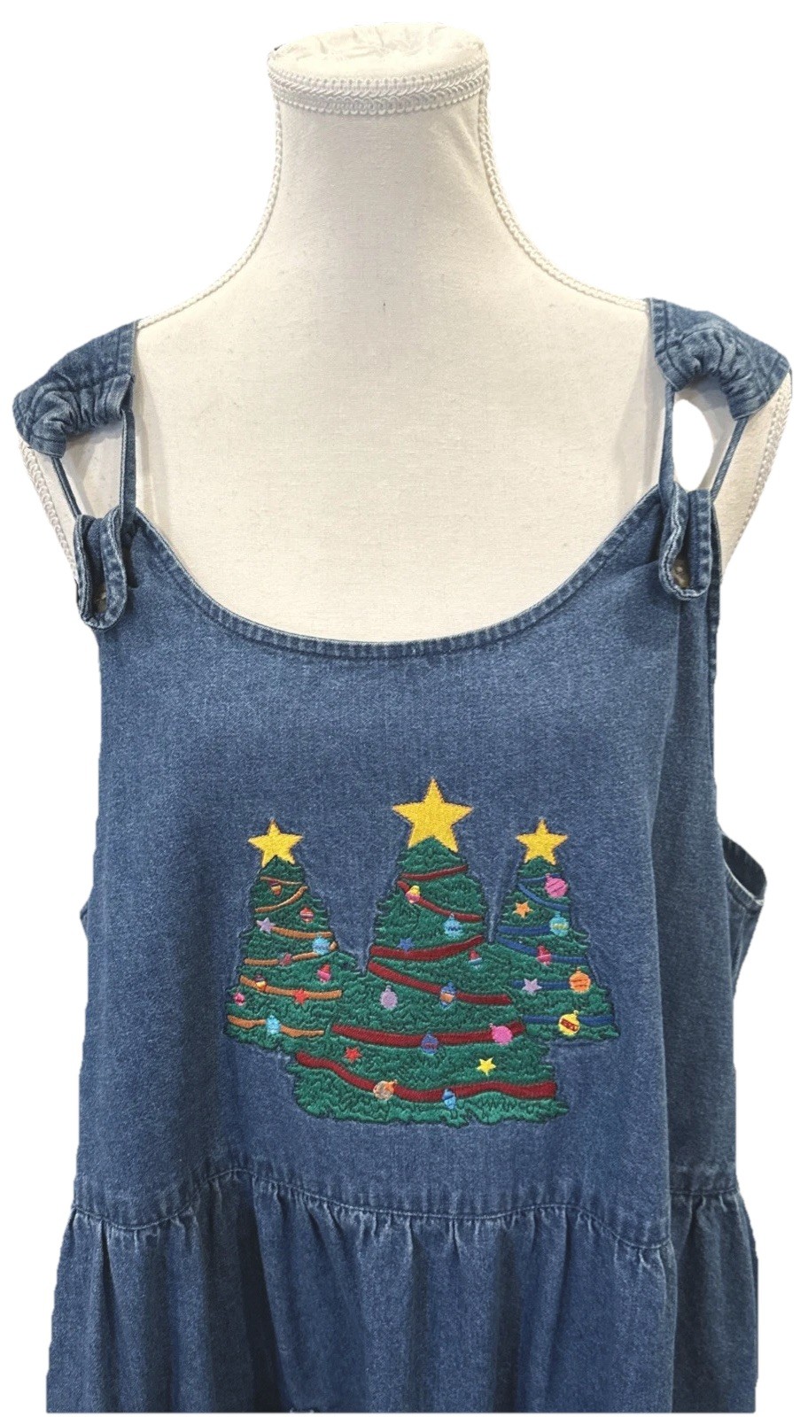 VTG Westbound Denim Christmas Holiday Embroidered Pockets Maxi Jumper Dress XL