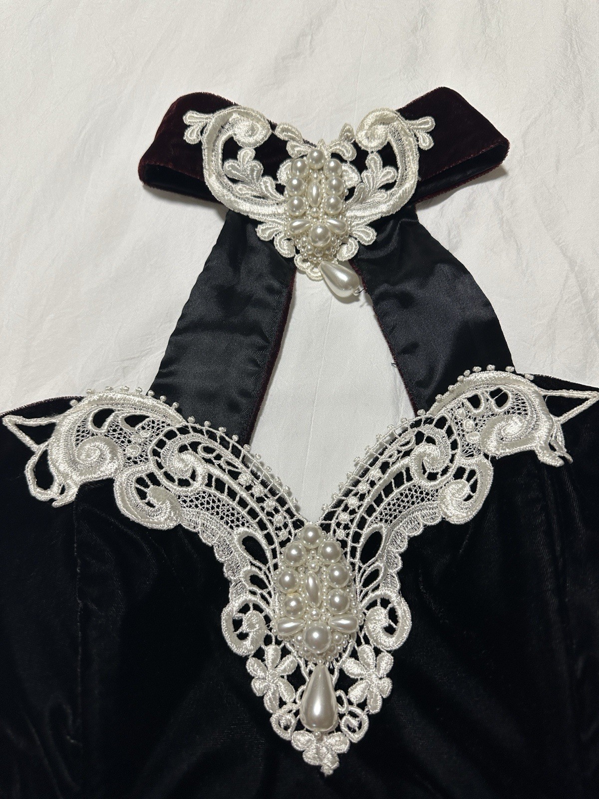 Vintage 90s Jessica McClintock Black Velvet Halter Dress Pearl Choker – 9/10