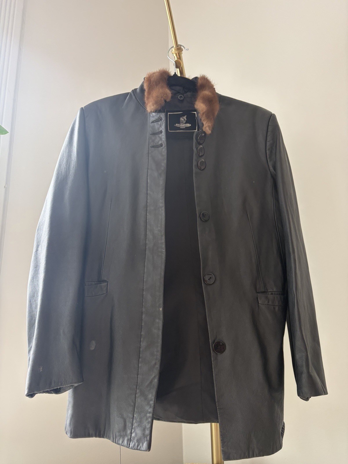 Vintage Shidanda Women’s Leather Coat Mink Collar Made In France EU Size 48/US S