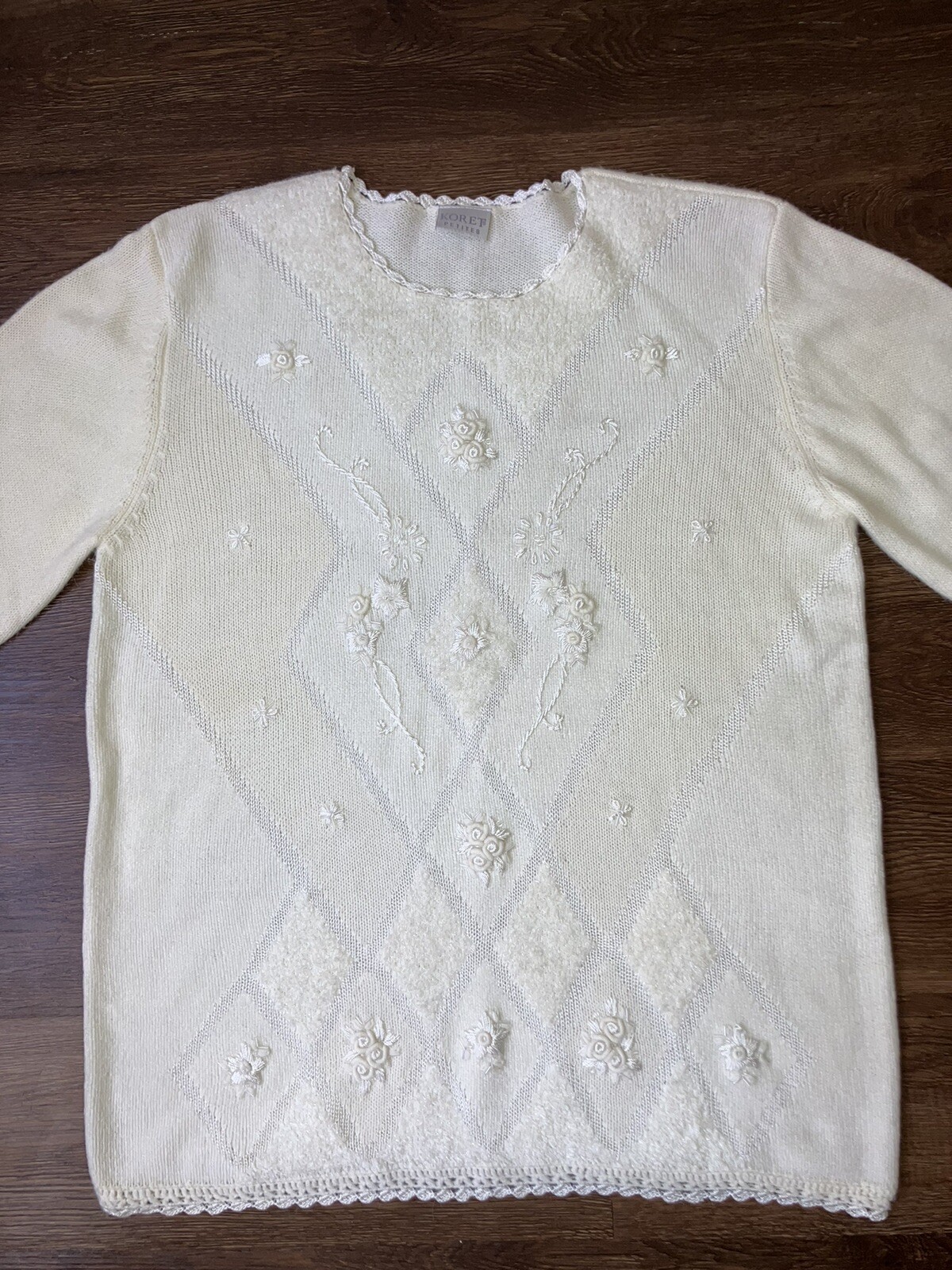 Vintage ’80s Koret Embellished Oversized Grandma Sweater Ivory Embroidery M/L