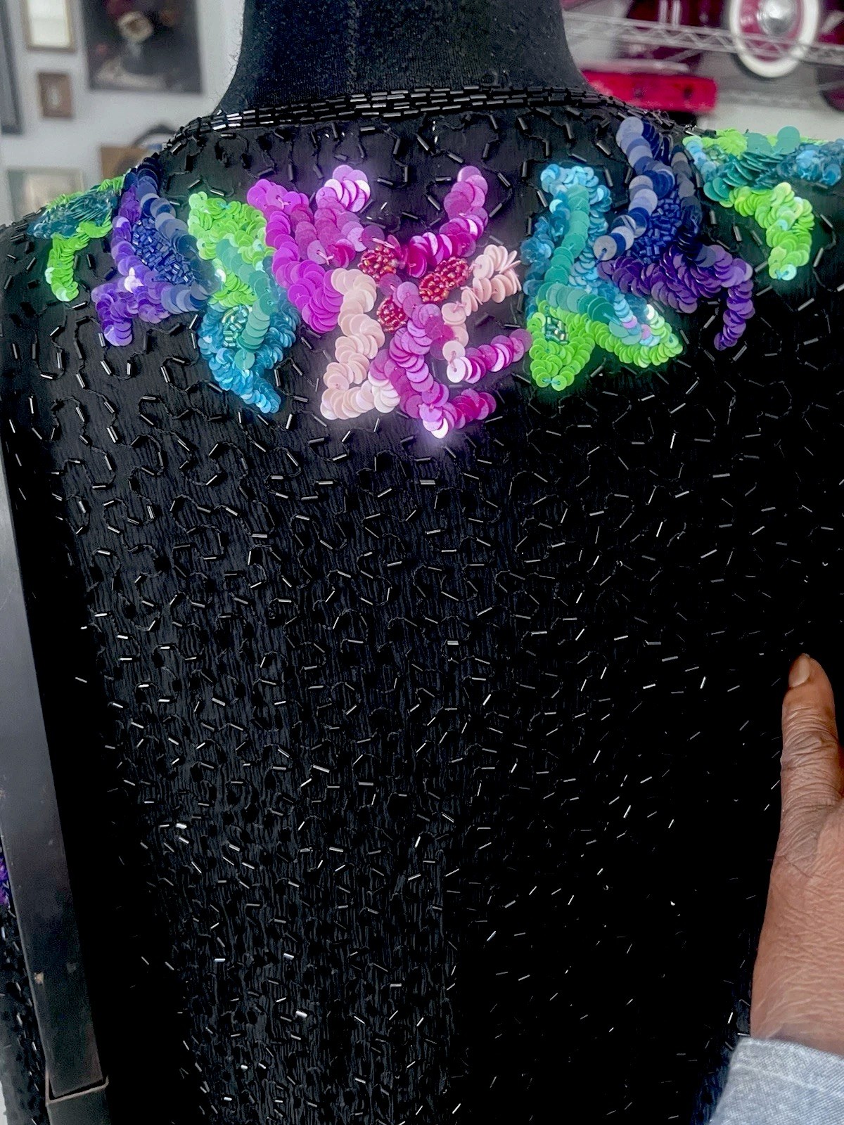Stunning sequinned & CHAMANI beaded 80s open jacket top. Hook And Eye Closers