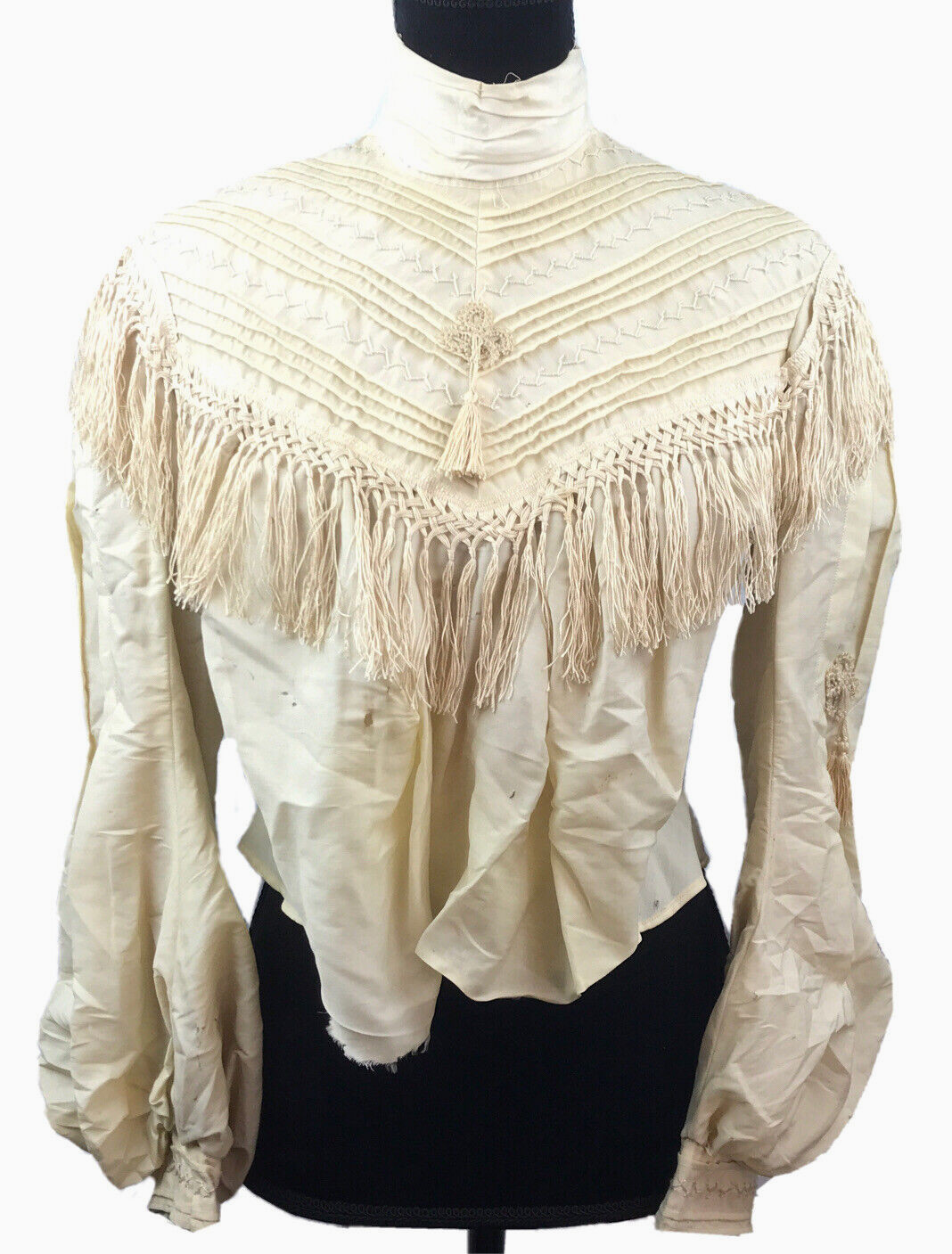 Antique Womens Ladies Victorian Blouse Shirt Fringe High Collar Leg of Mutton