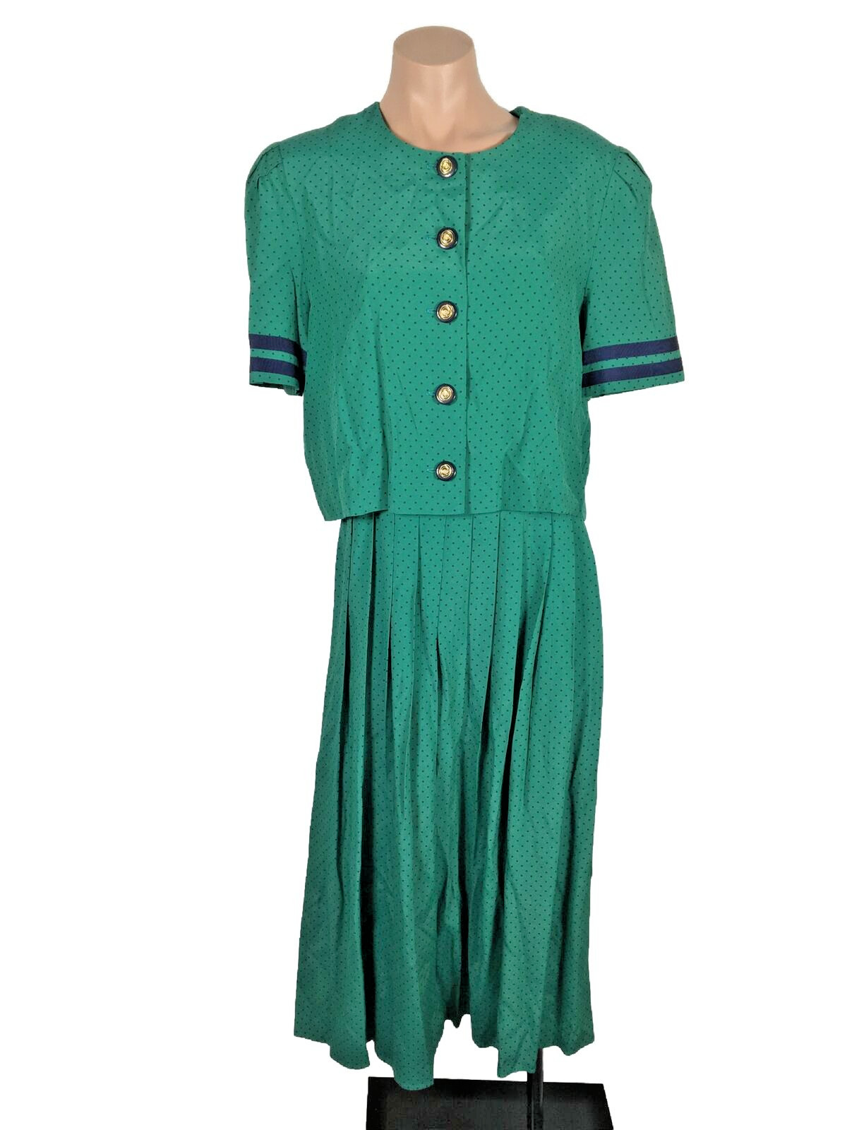 Vintage 2 Piece Teal POLKA DOT DRESS SUIT Size 14 Pleated Secretary Office