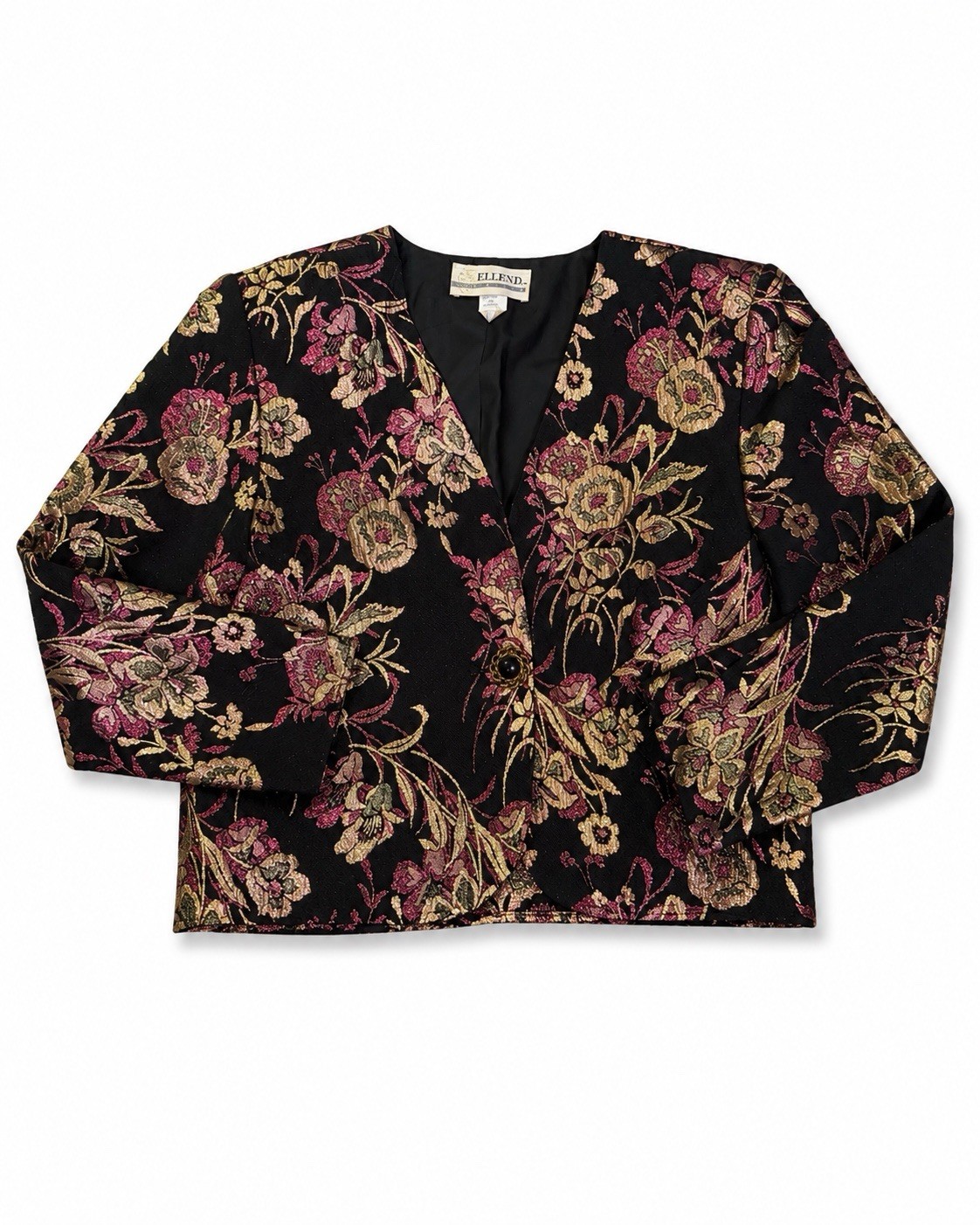 Vintage ELLEND Floral Brocade Cropped Jacket Black Gold Pink Size Small