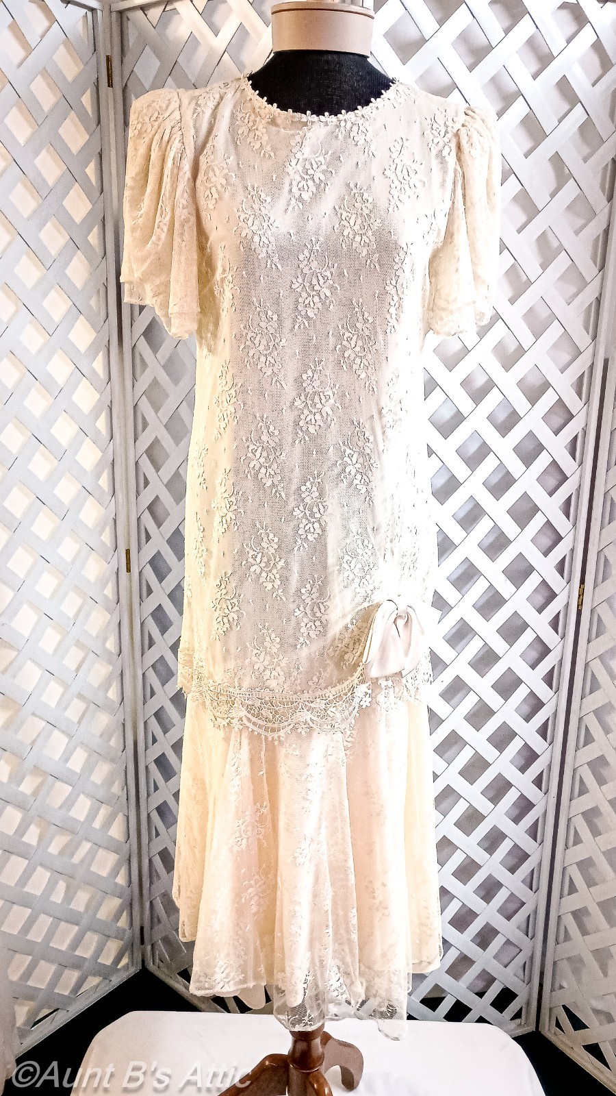 Vintage 80s Barbara Chodo’s Ivory Lace Drop Waist 20’s Style Dress Sz 6