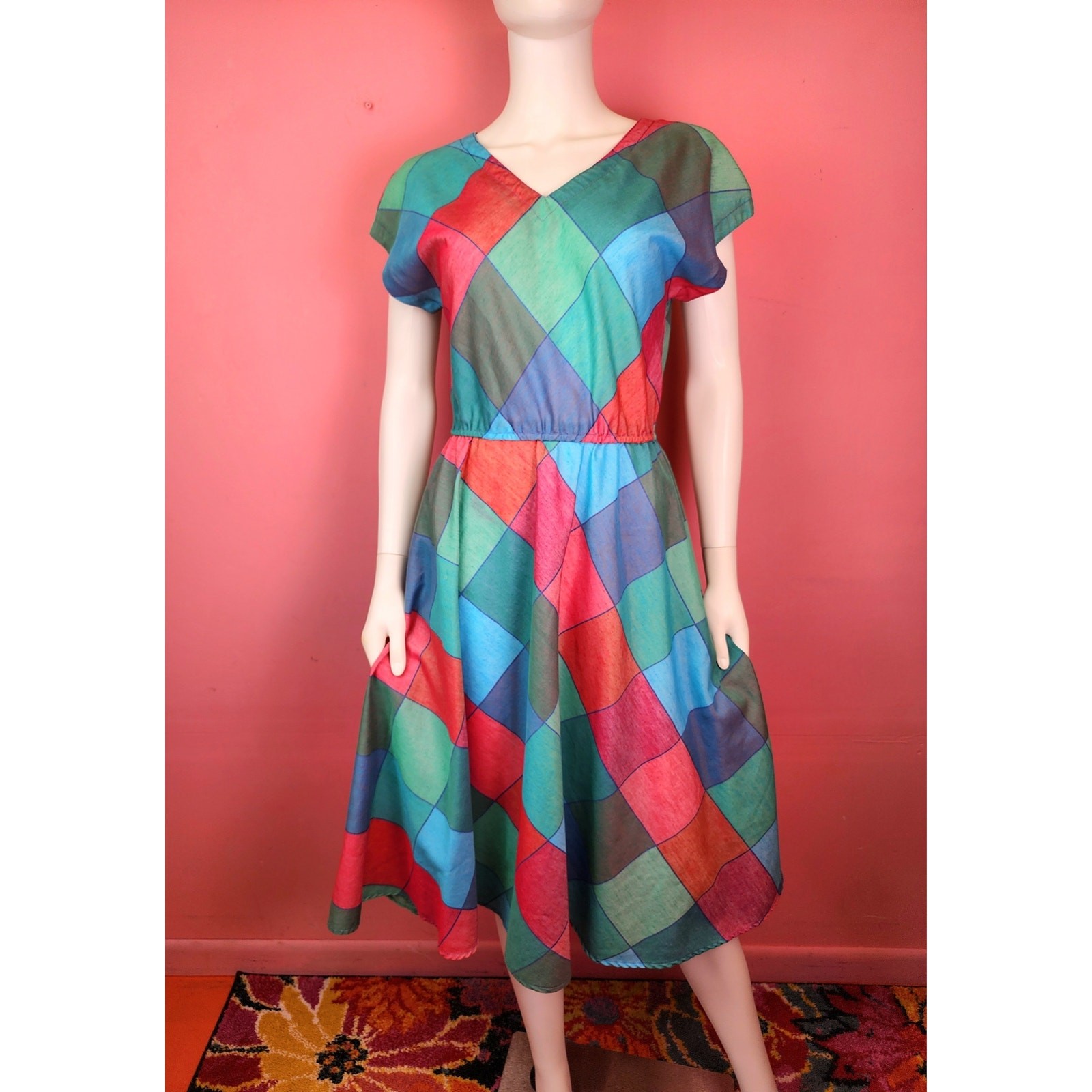 Vintage 1970’s Madras Harlequin Diamond Check Plaid Magenta Blue Shirt Dress