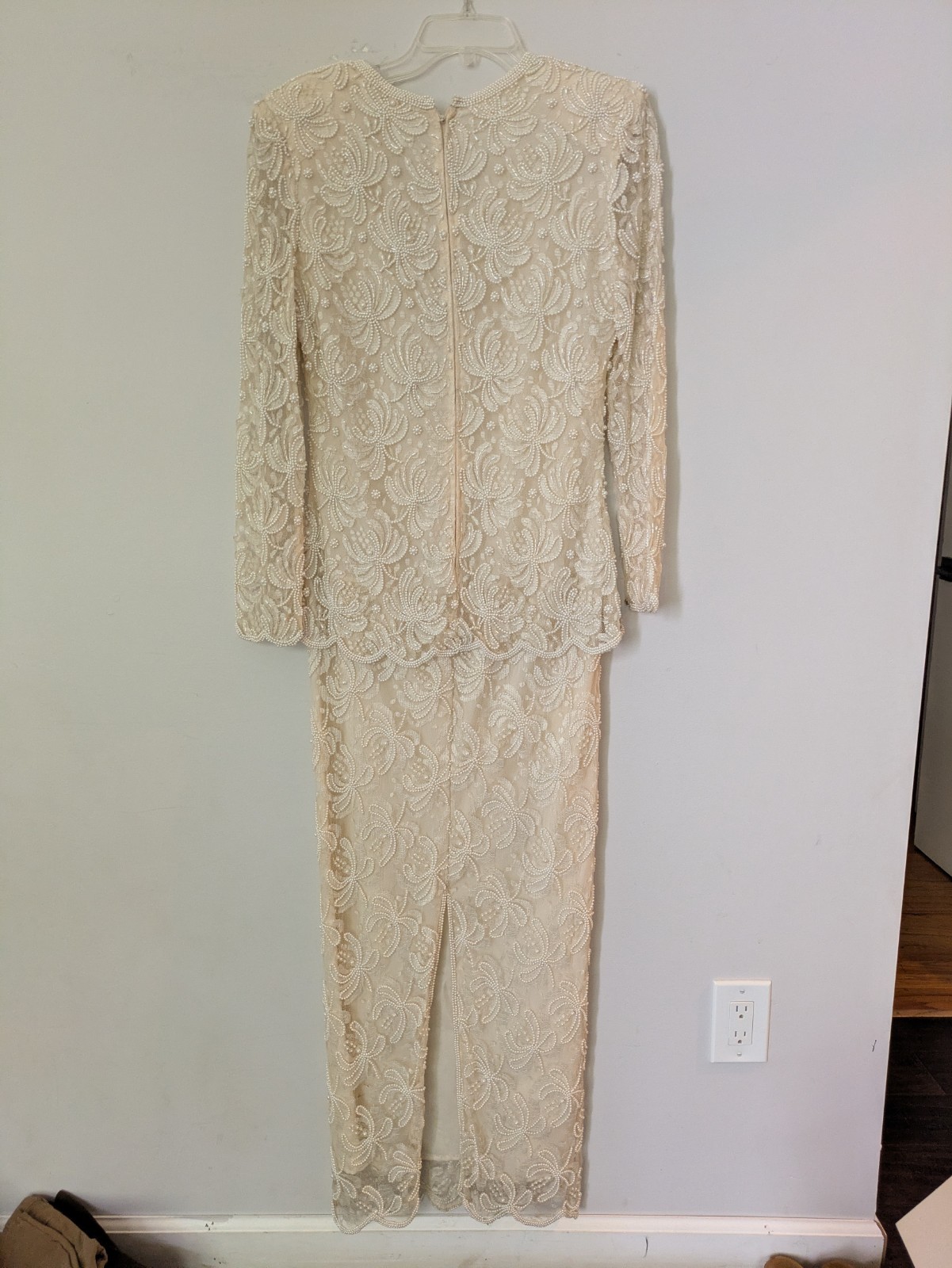 VTG Laurence Kazar Showstopper Pearl & Beaded Dragonfly Lace Ivory Formal Dress