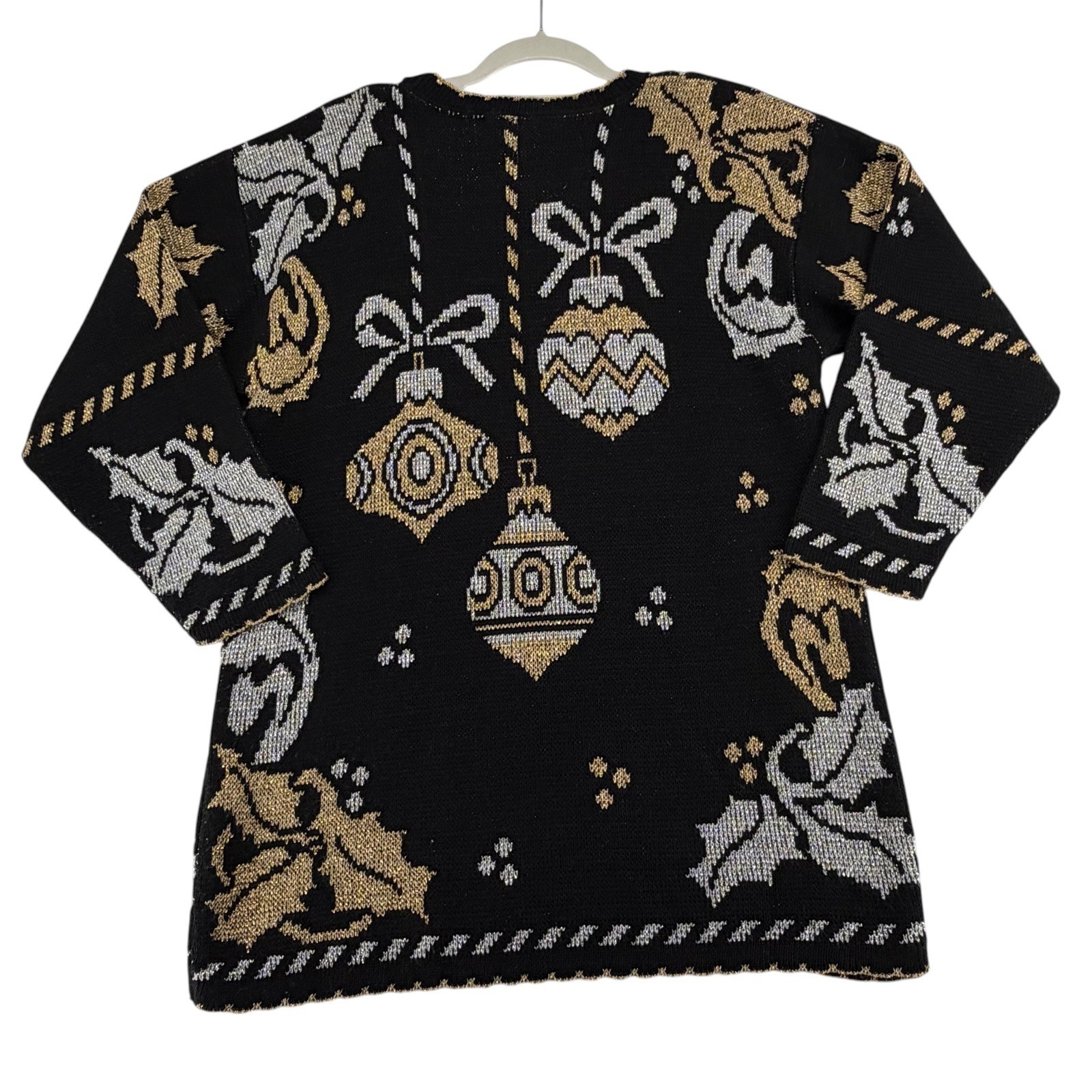 Holiday Time Vintage USA Christmas Sweater Women Medium Gold Silver Ornaments