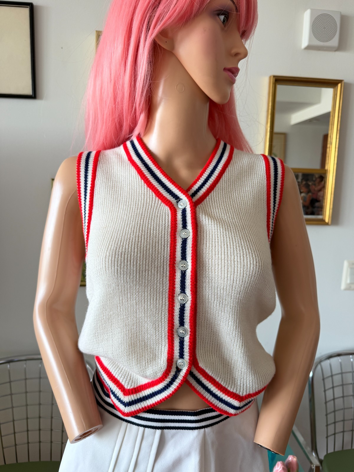 🎾 Vtg Preppy Tennis Sweater Vest Red White Blue Trim Button Front Knit Top M