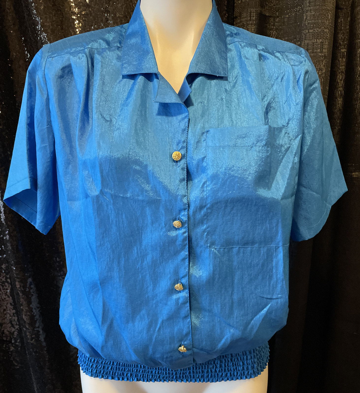 Impressions Of California Women’s Blue Silky Satin Parachute Blouse Vintage
