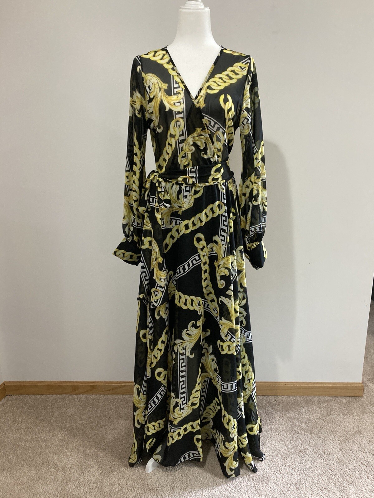 Vintage Sexy Diva Women Black Yellow Sheer Long sleeves Maxi Dress Size Medium