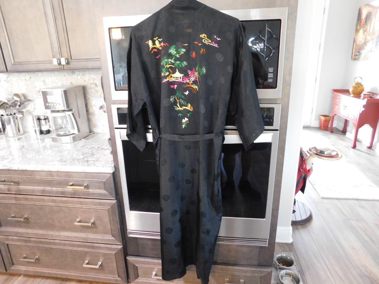 Vintage Golden Bee Kimono Embroidered Bonsai Pagoda Rayon Black Robe