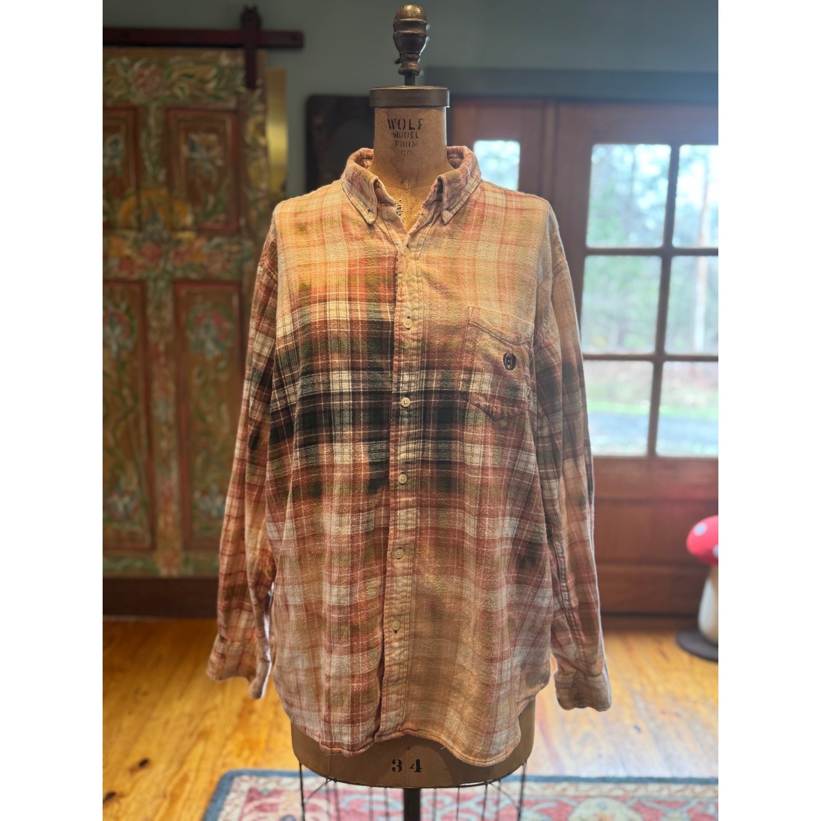 Upcycled Bird Rose Flannel Shirt XXL Cotton Folk Art Grunge