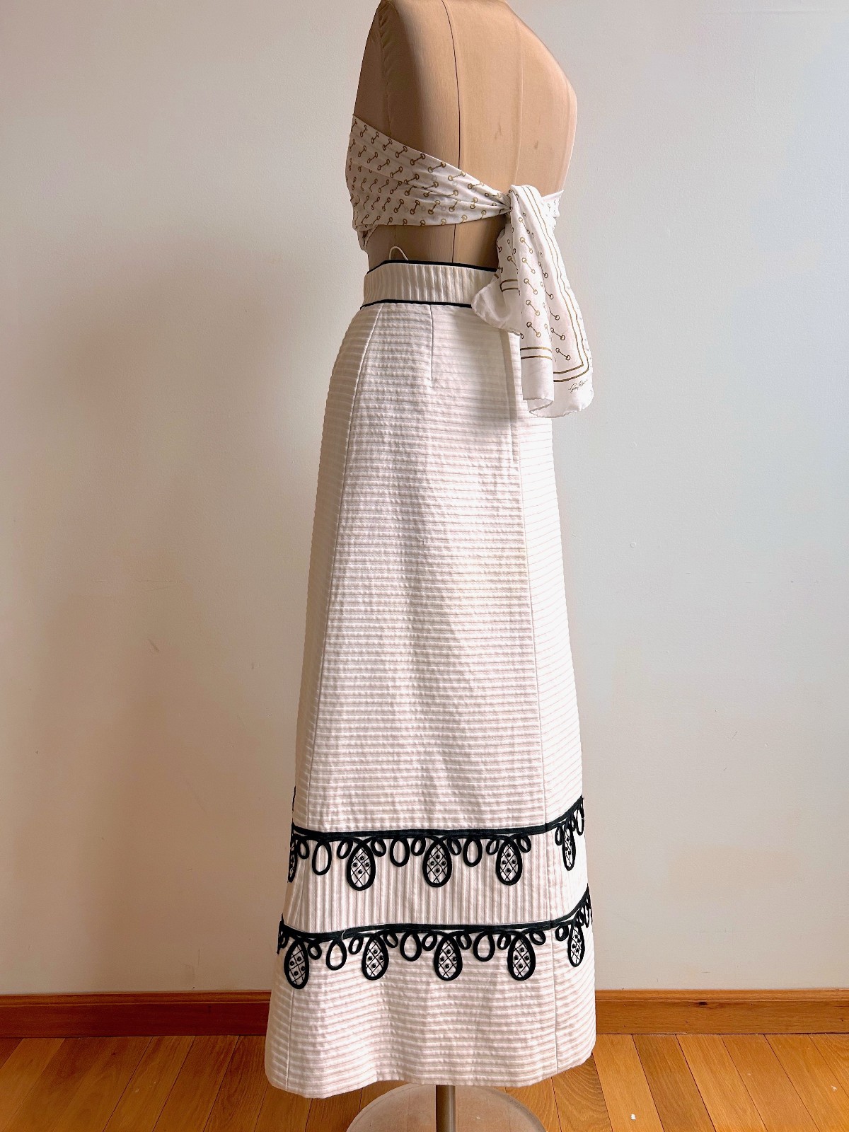 Vintage 1960s 70s Preppy Mod Hostess Maxi Skirt Palm Royale Black/ White sz S