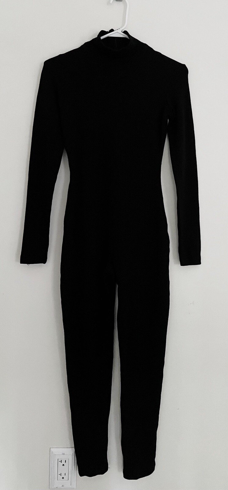 Vtg ANNE KLEIN Wool Stretch Bodysuit Jumpsuit 8 Black Long Sleeve 1990s/Y2K