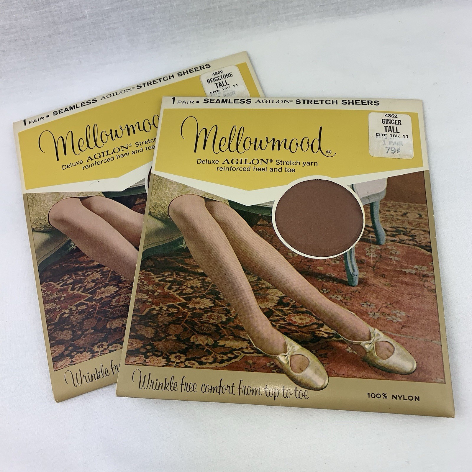 2 Pairs of Vintage Mellowmood Seamless Stockings Beigetone Ginger 10 1/2-11 Tall