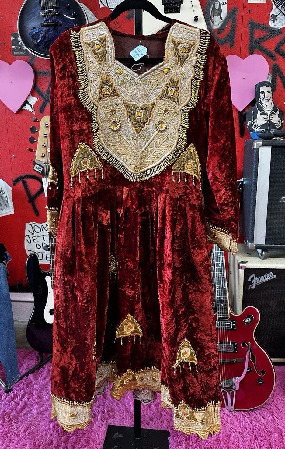 Handmade Women’s Red Velvet Gown Embroidered Beaded 1960’s Vintage Regal Costume