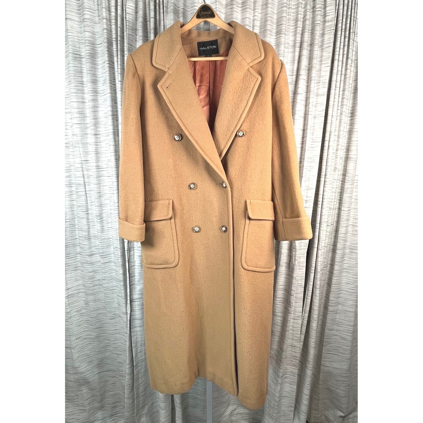 Vtg Halston Womens Camel Wool Double Breasted Maxi Coat Tan Longline Size 12 USA