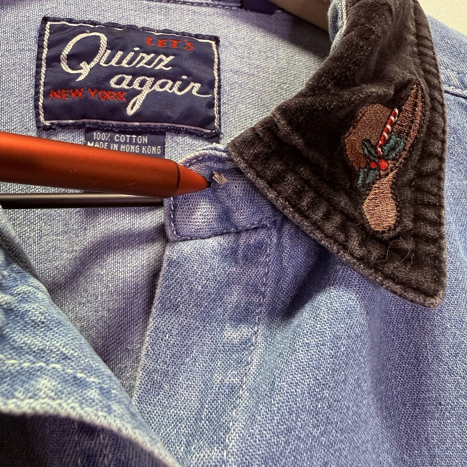 90s Let’s Quiz Again Ugly Christmas Denim Shirt Western Cowboy Cats L Cat Lady