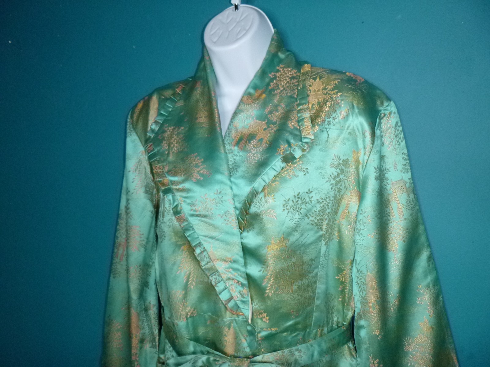 Vtg 40s 50s Aqua & Gold Satin Brocade Robe Dressing Gown Asian Motif Sz S/M