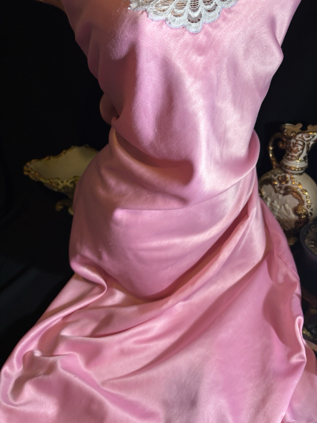 Vtg Satin Soft Pink Anastasia w Strips in gown Nightgown Negligee Gown w Lace