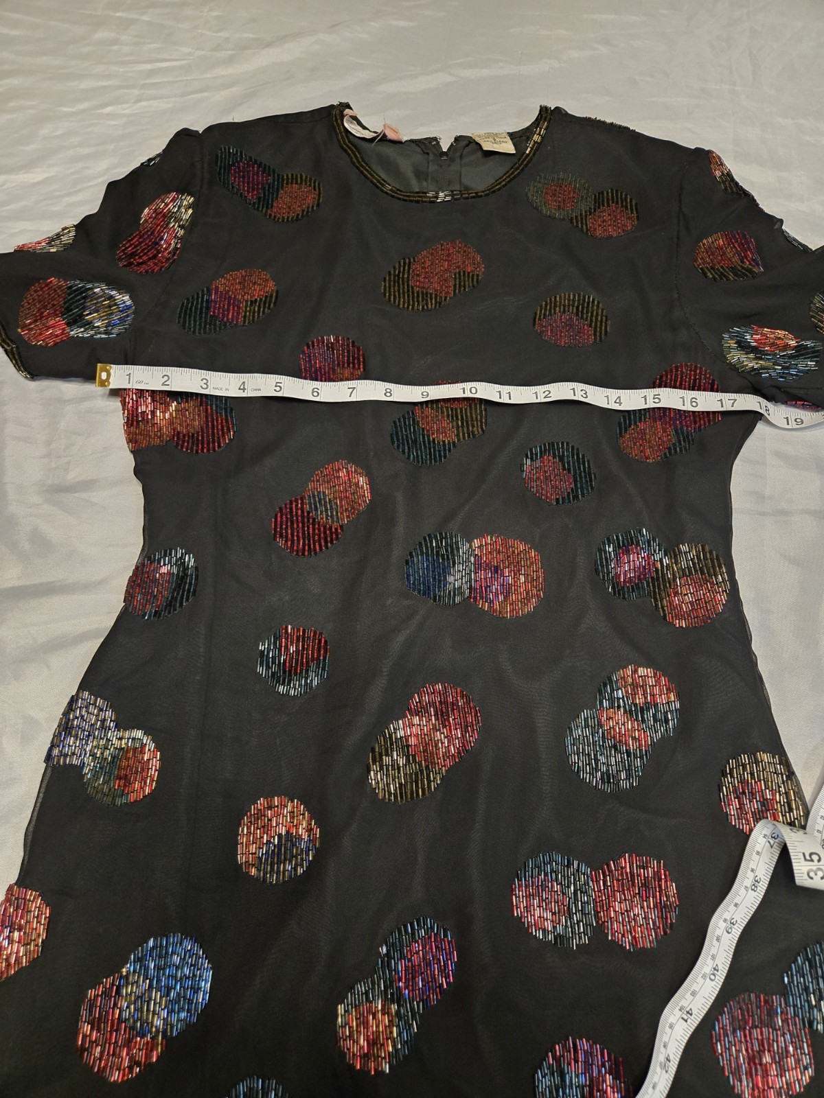 Laurence Kazar Vtg 100%silk Beaded Rayon Lined Black Dress Colorful Beads Short
