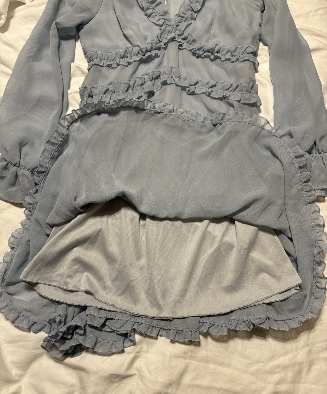 VTG 1999 B. Darlin Dusty Blue Ruffle Chiffon Mini Dress