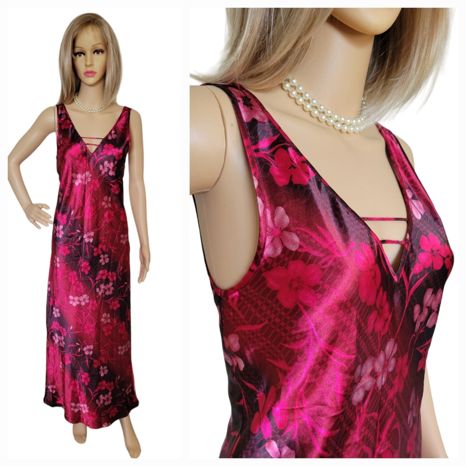 Warner’s Sleepwear Vtg Red Multi Satin Tropical Floral Nightgown Maxi Dress Sml