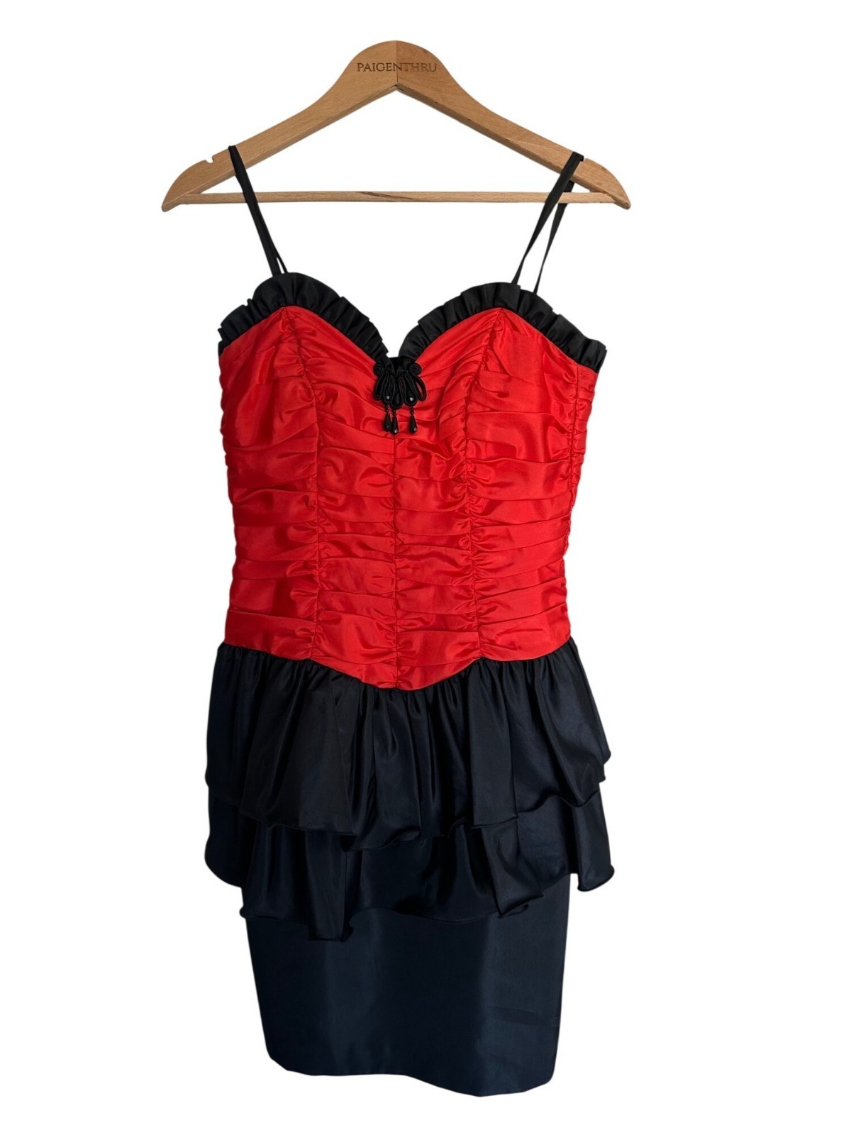 VTG Vera Mont France 42 Red Black Ruched Cocktail Party Dress Pin Up