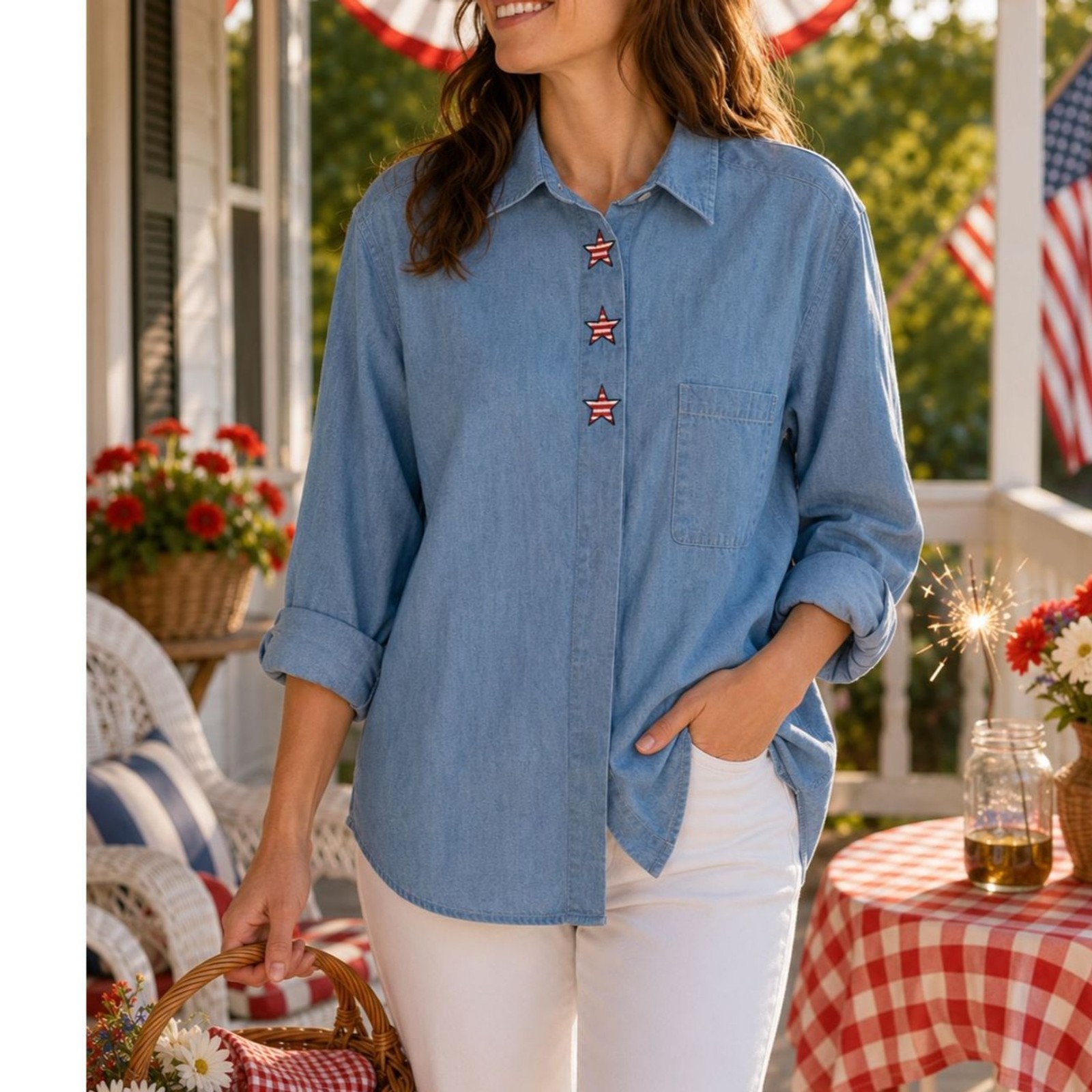 Vintage BellePointe Chambray Shirt Patriotic Star Buttons Americana Cottagecore