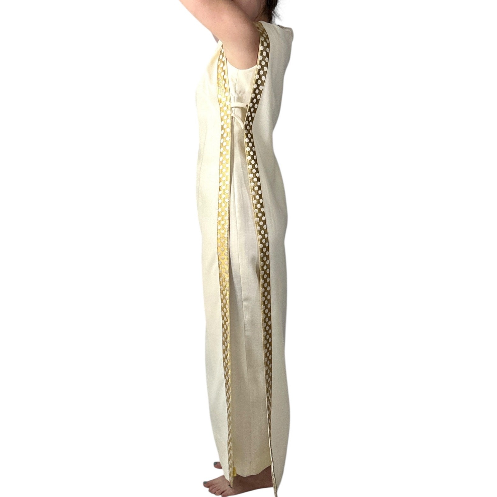 Vintage 1960s White Wool Jumpsuit Peer Label Metallic Gold Polka Dot Cape Mod