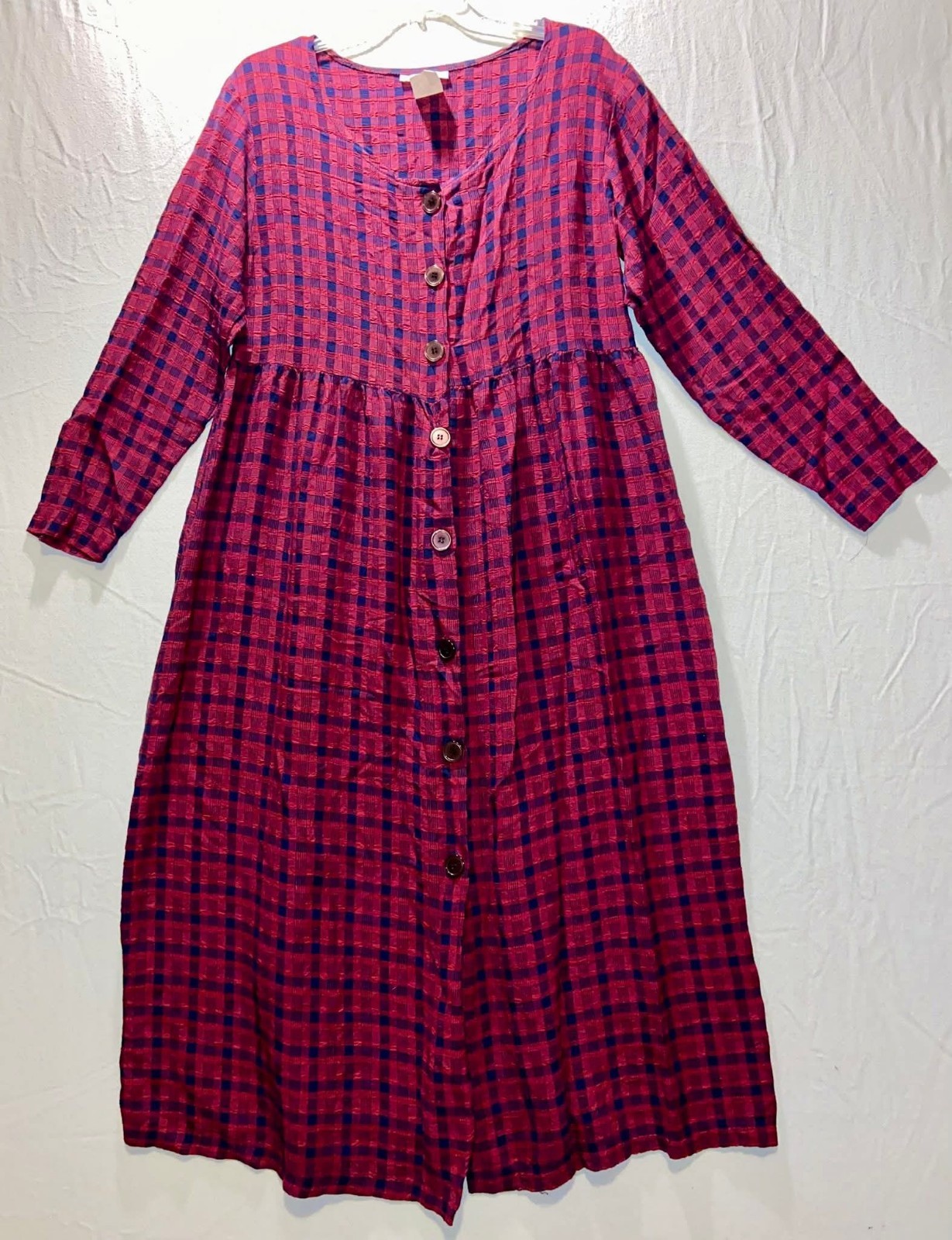Vintage 90s Ellen Ashley Red Blue Plaid Long Sleeve Full Button Frt Maxi Dress M