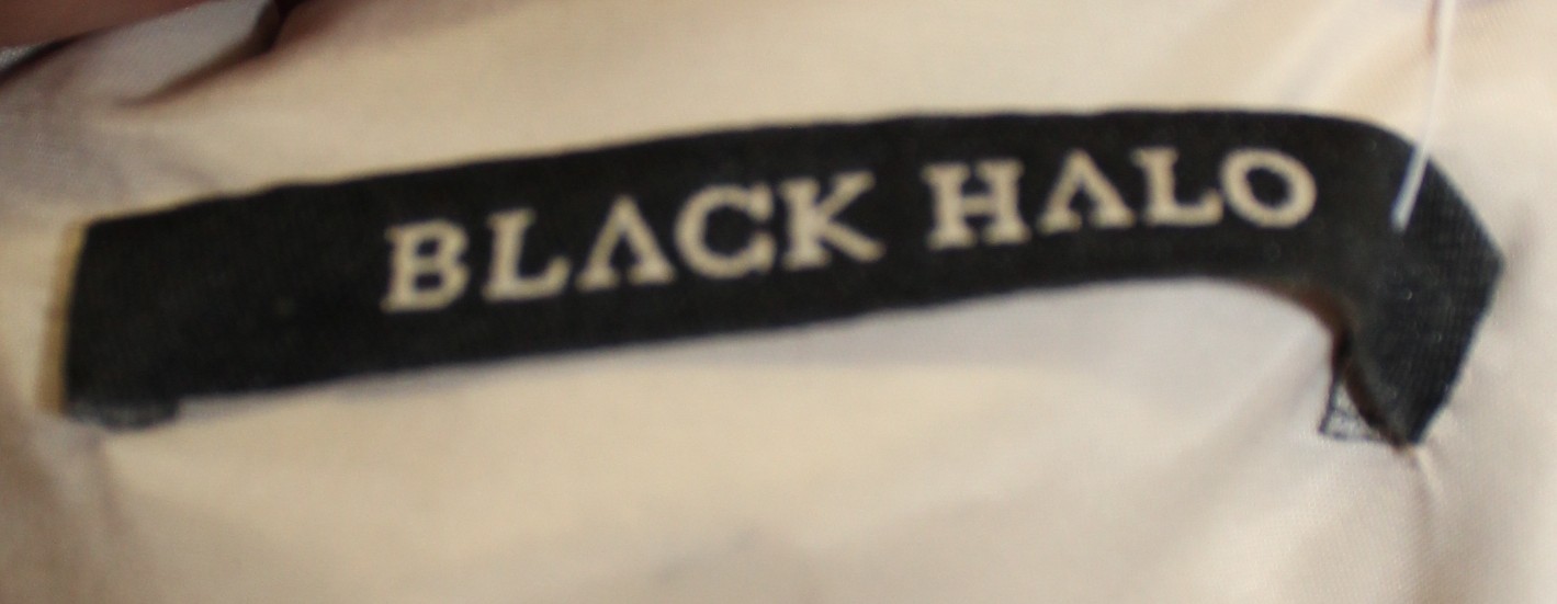 Black Halo Jackie O Pencil Dress Frosted Baroque Draped Neckline Vintage Size 10