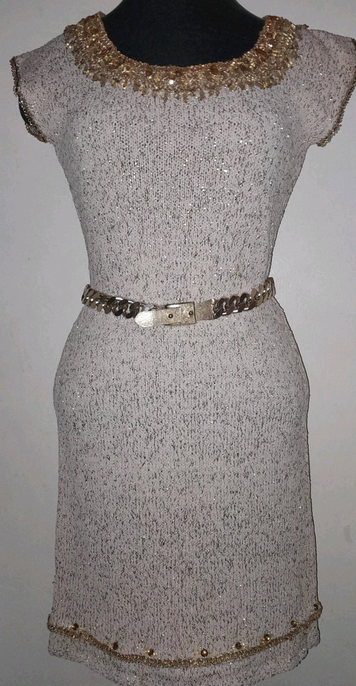 Vtg 50s 60s Gold Lurex STRETCH KNIT Wiggle Marilyn Beaded Cocktail Dress M L