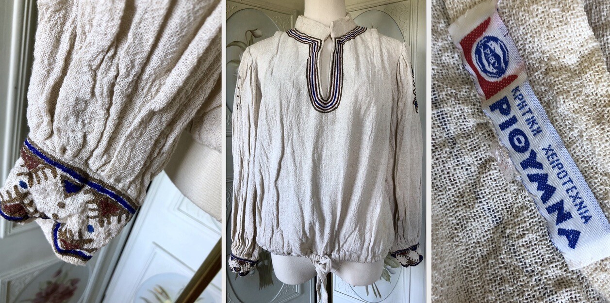 VTG 60s PIOYMNA GRECIAN GAUZE ALL COTTON CREAM IVORY PAINTED BLUE BROWN GOLD GUC