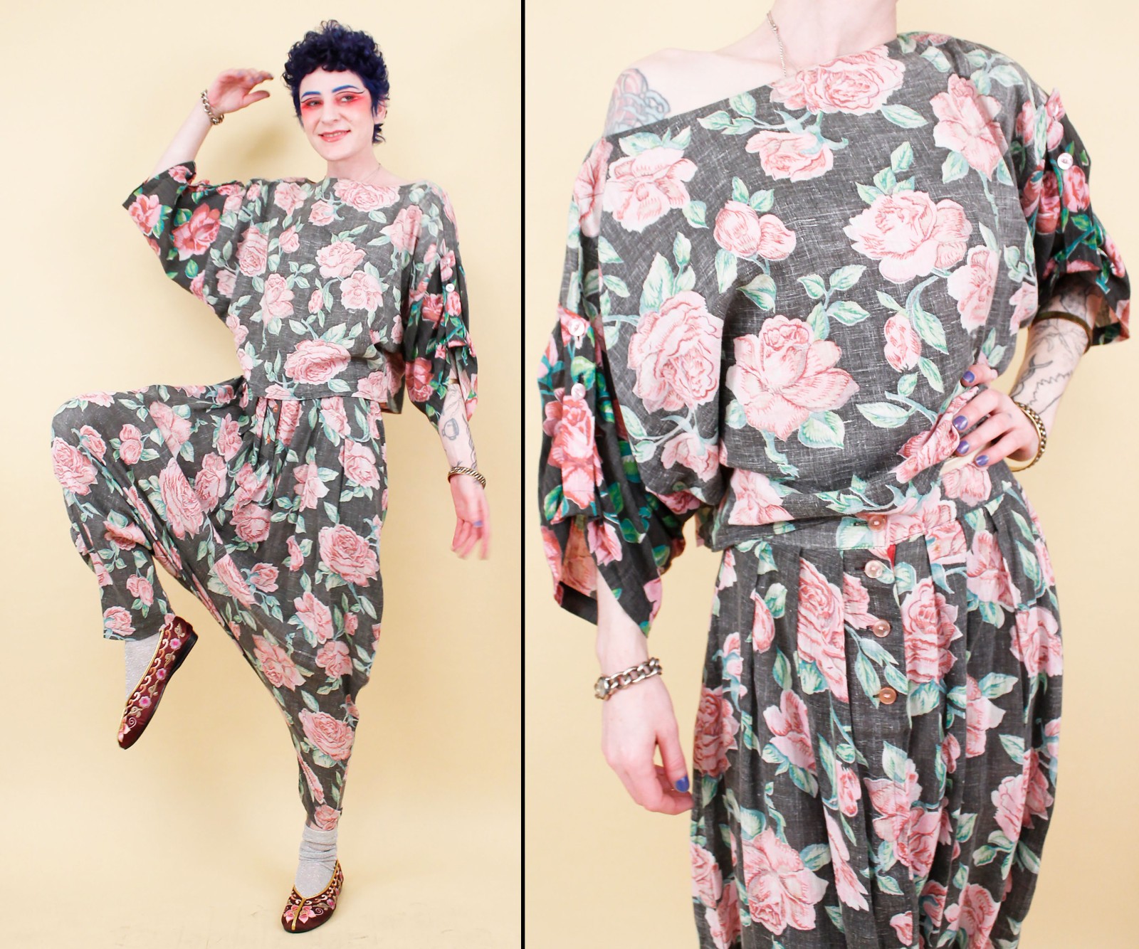 80s Vtg Gauzy Cotton Rose Print Black Pink Floral Drop Crotch Pant Set W27-30″