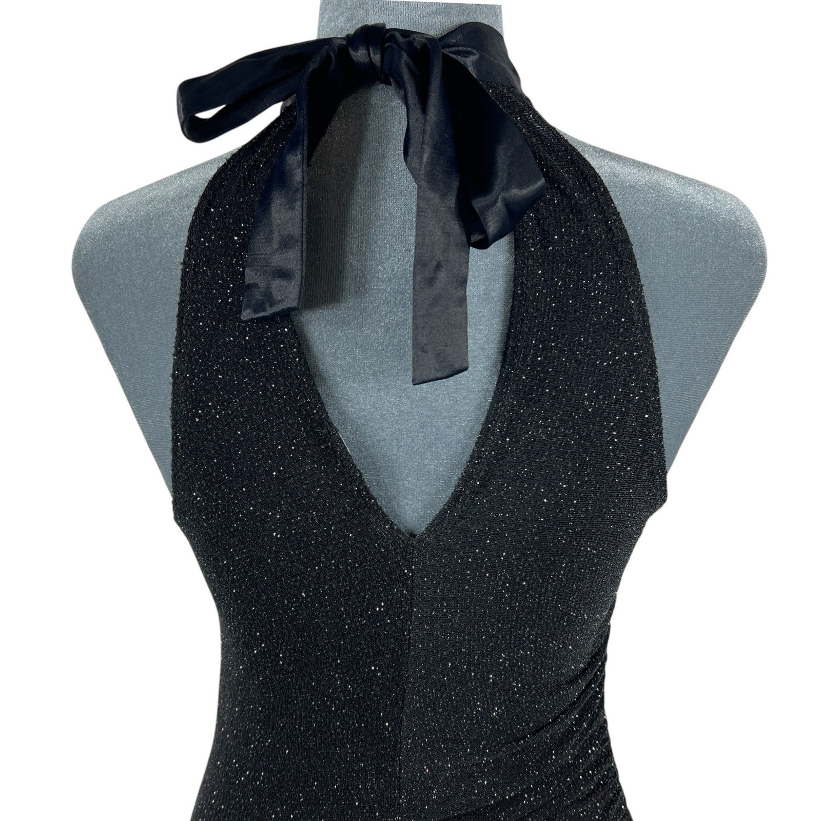 My Michelle Vintage Halter Dress Small Black Silver Glitter Ruched Y2K Fairy USA