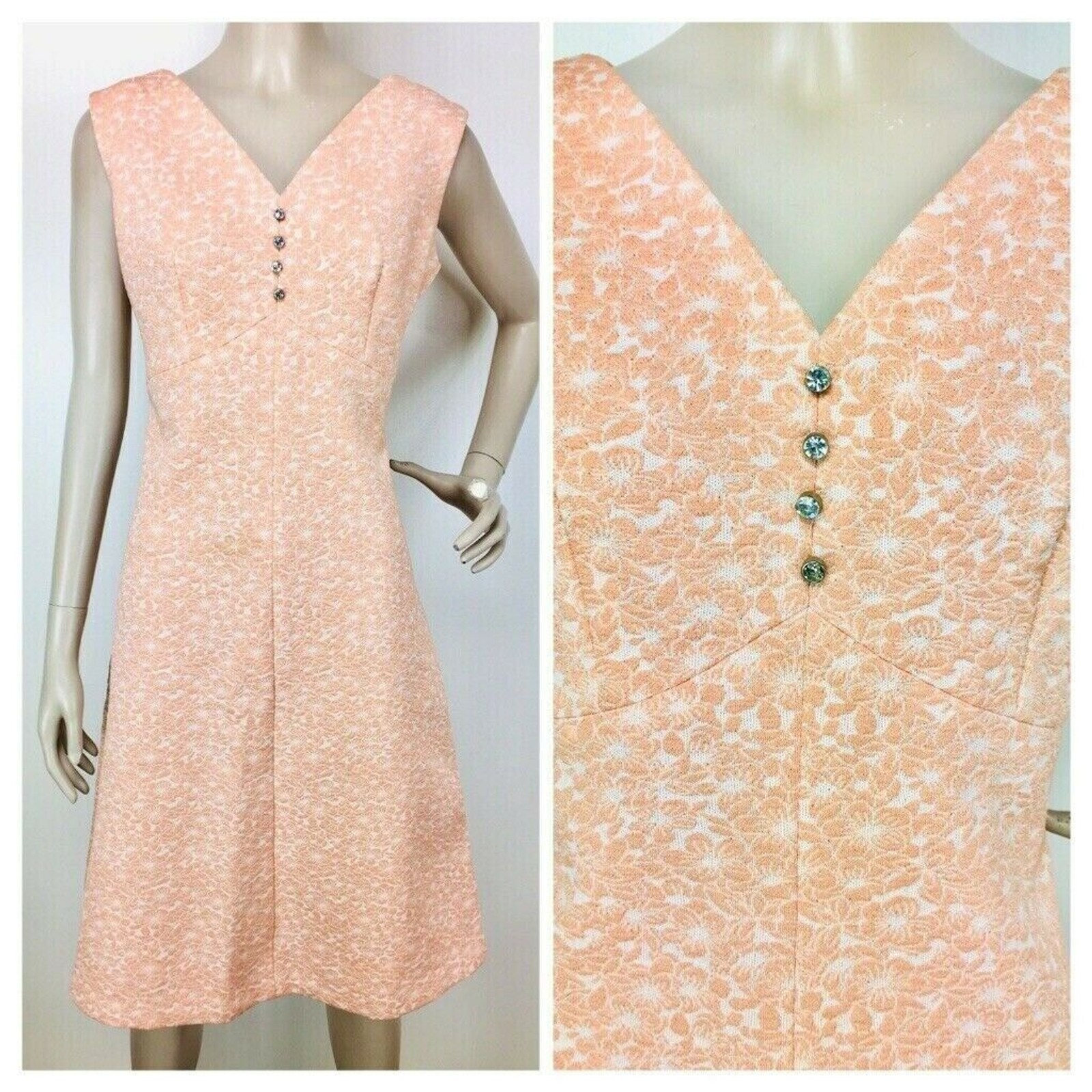 Vintage 60s Peach Floral Jacquard Sleeveless Shift Hostess Dress Bleeker Street