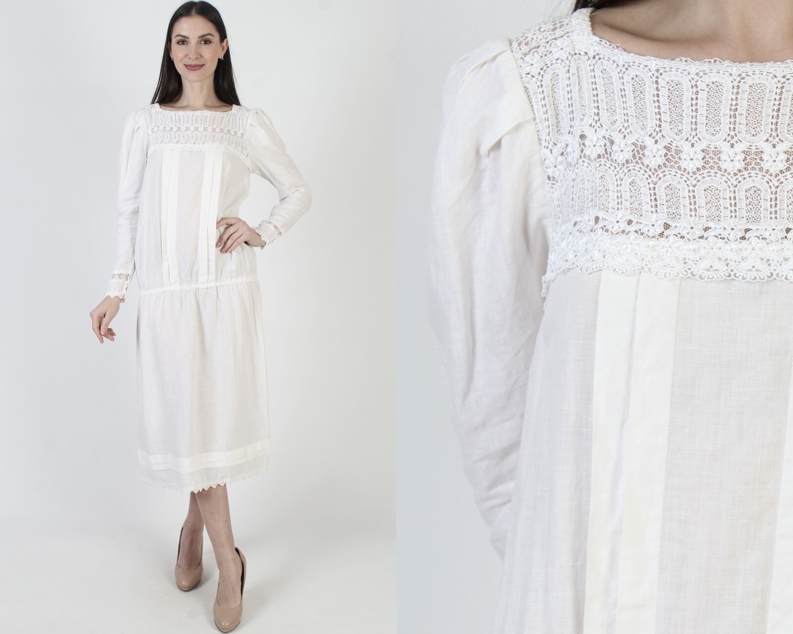 Jessica McClintock White Cotton Dress Drop Waist Victorian Deco Lawn Vtg Midi