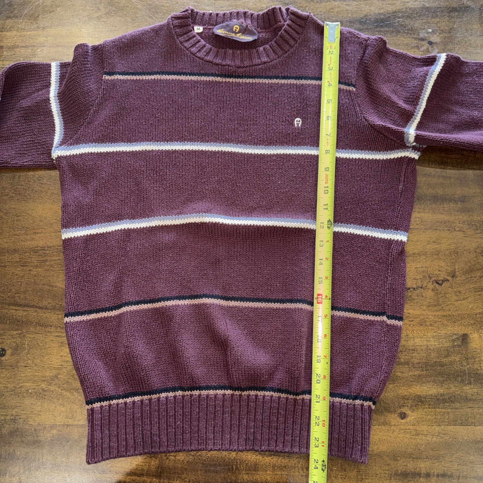 Vintage 70s ETIENNE AIGNER Womens M Cotton Sweater Union Tag USA Burgundy Stripe